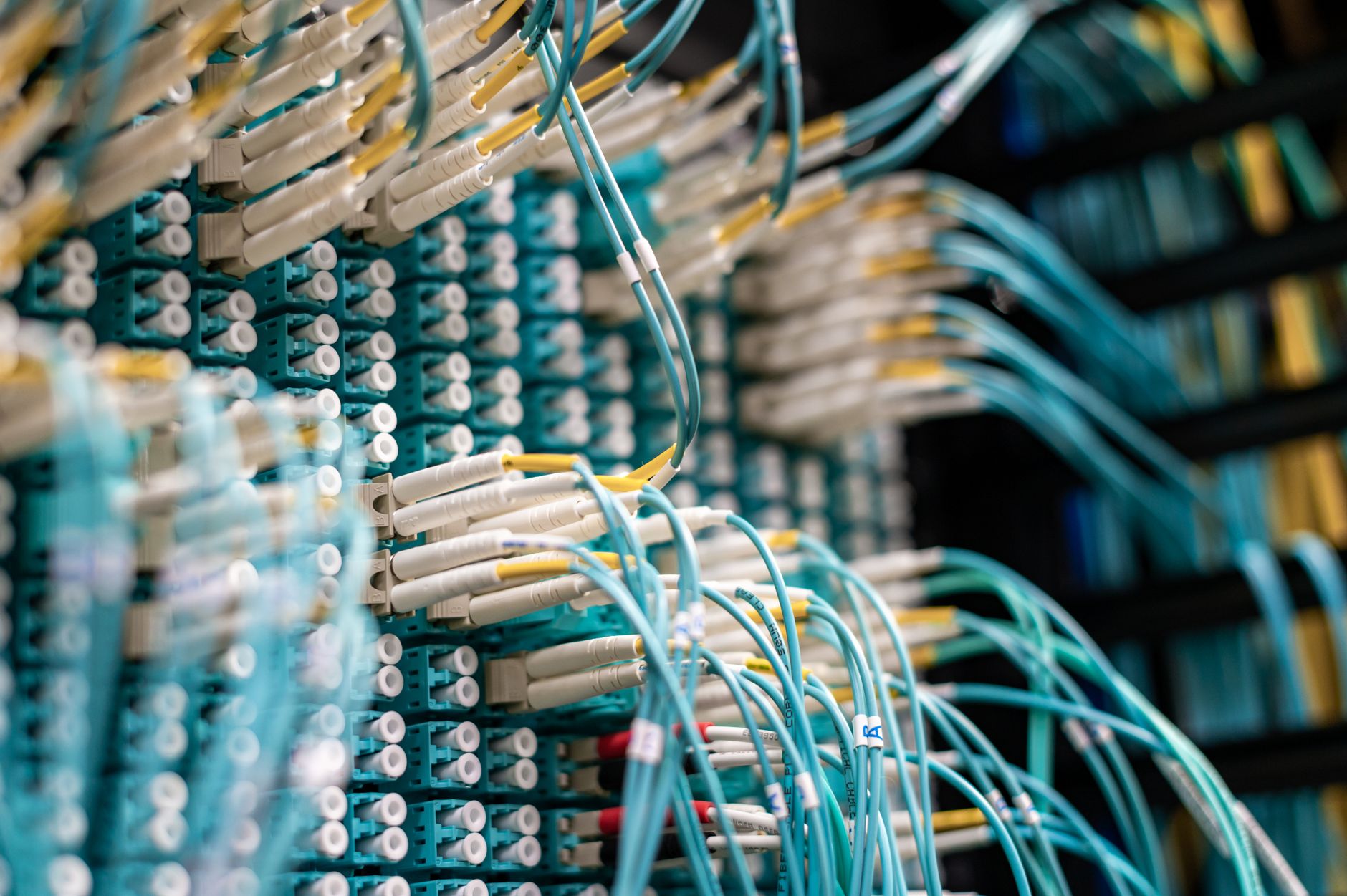 From below of long thin blue cables connected to row of smal