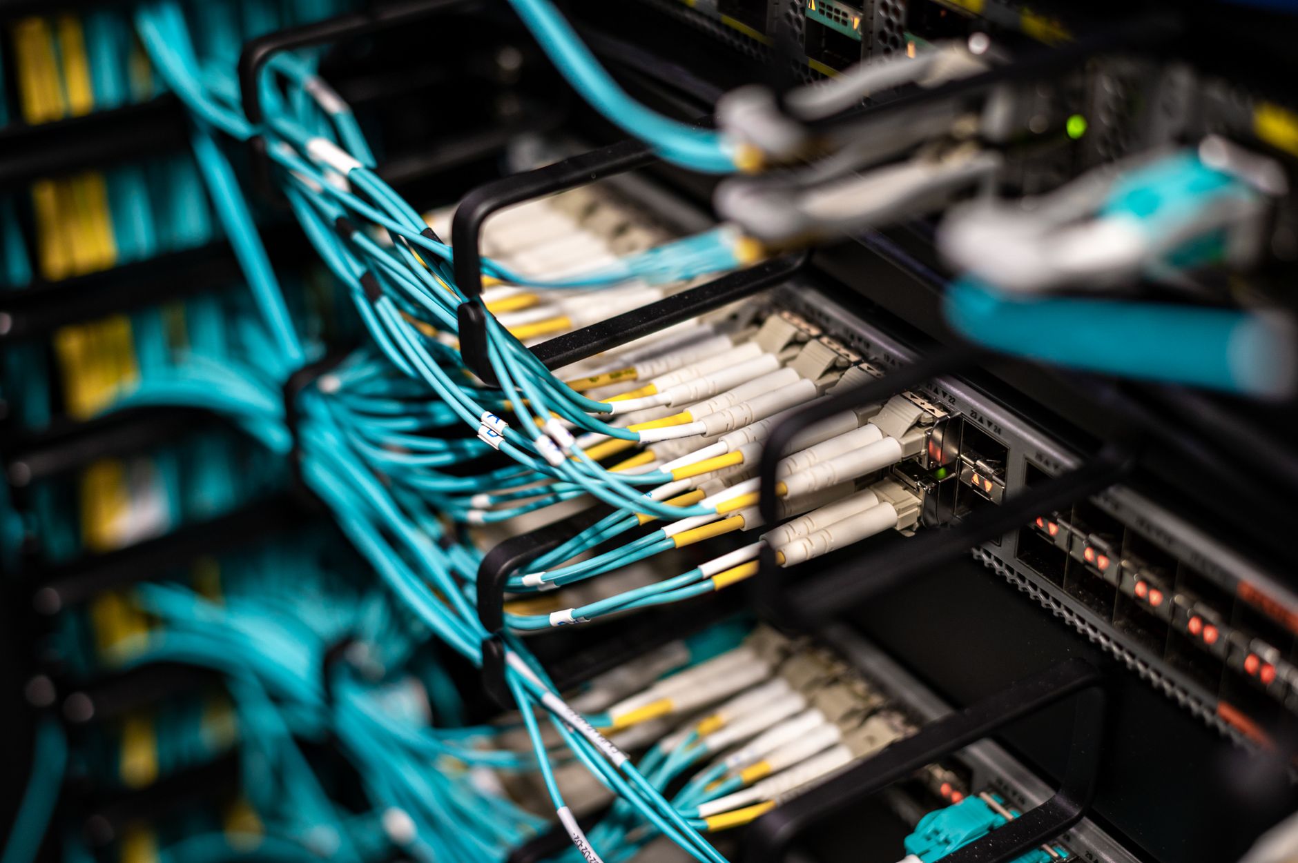 Numerous wires and cables mounted into server patch panel in