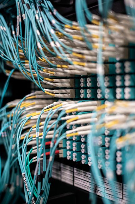 Rows of blue cables and wires plugged into server patch pane
