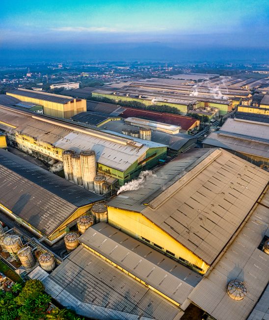 Aerial view of expansive industrial warehouses in Serang, Ba