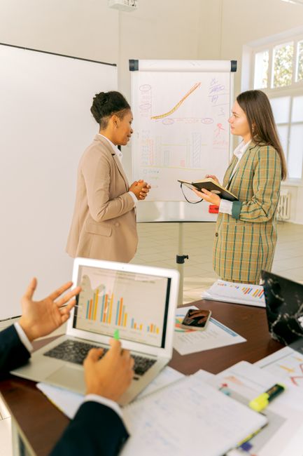 Professionals engage in a dynamic meeting discussing charts