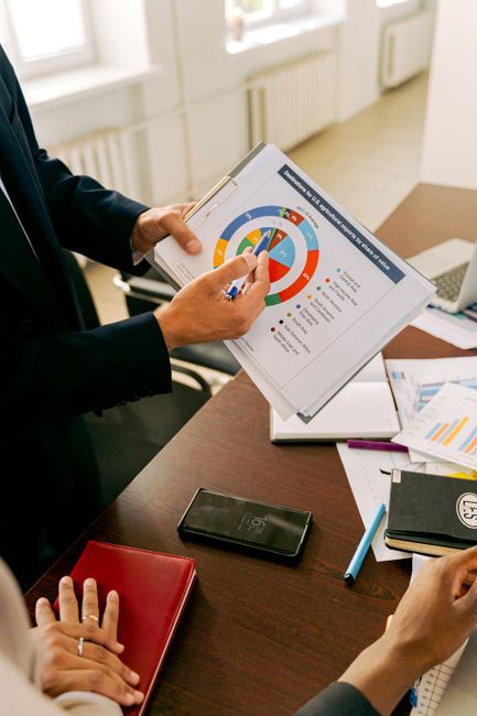 Business professionals discussing financial charts during a