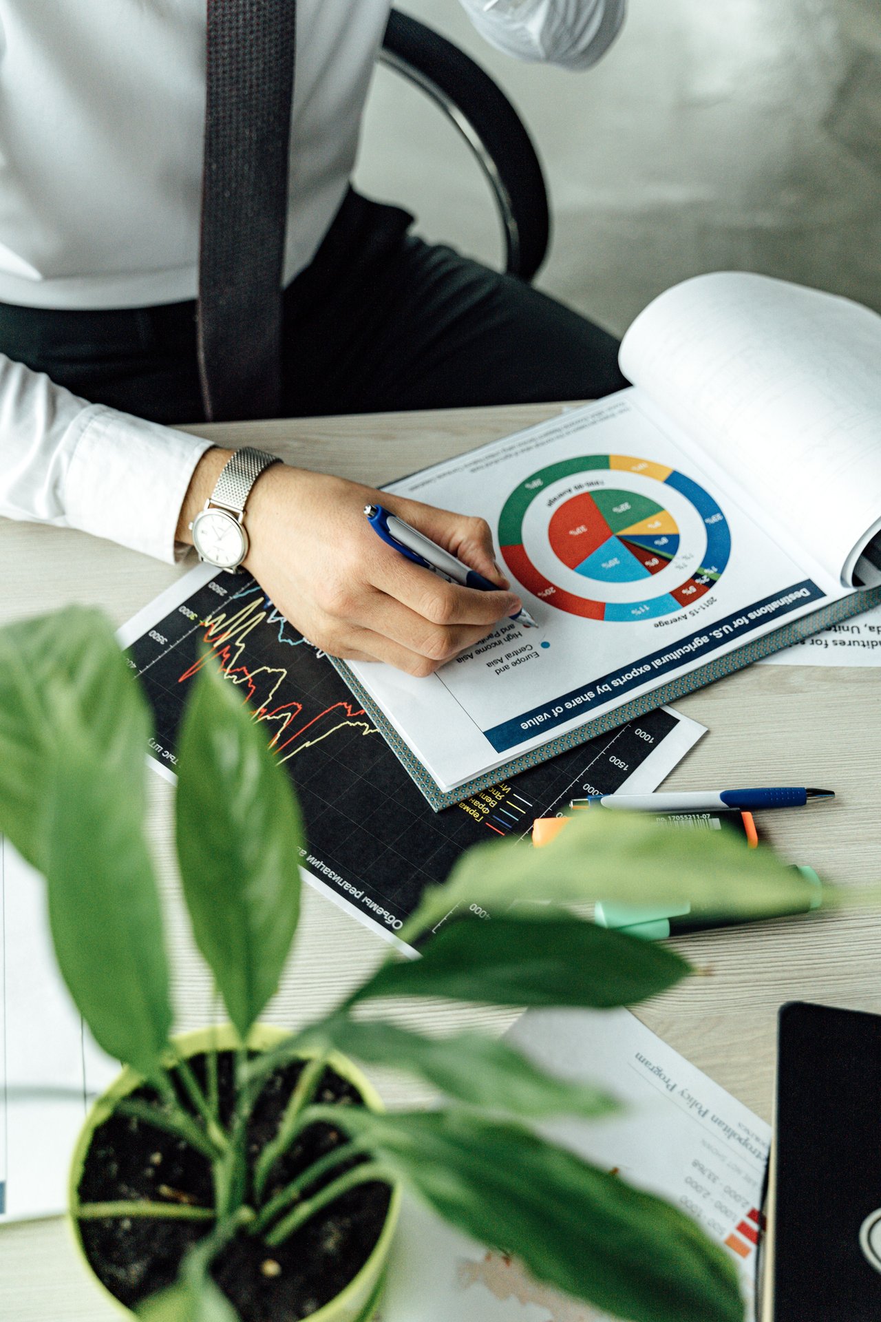 Business professional analyzing financial graphs and charts