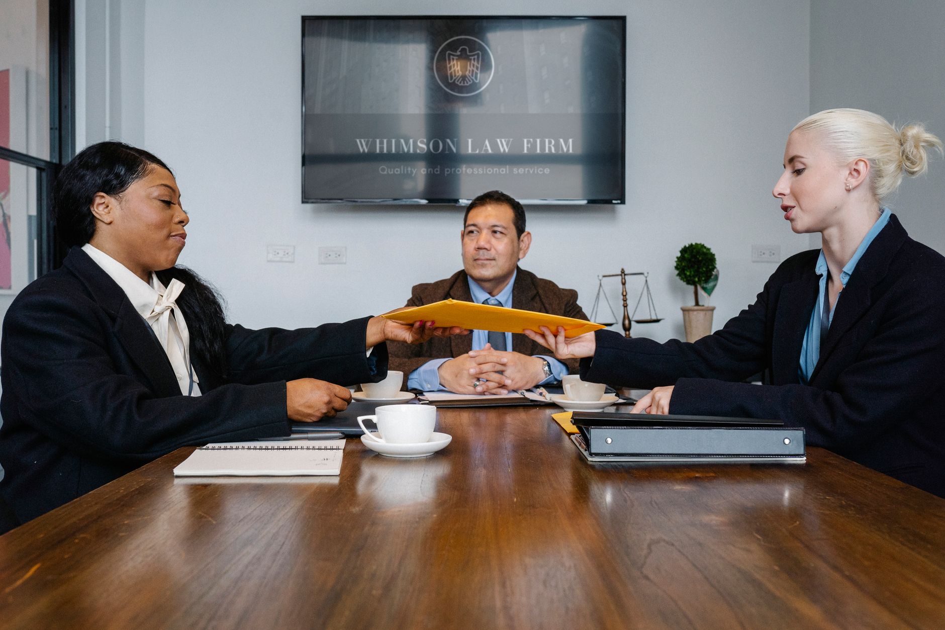 Group of cheerful diverse colleagues discussing court decisi