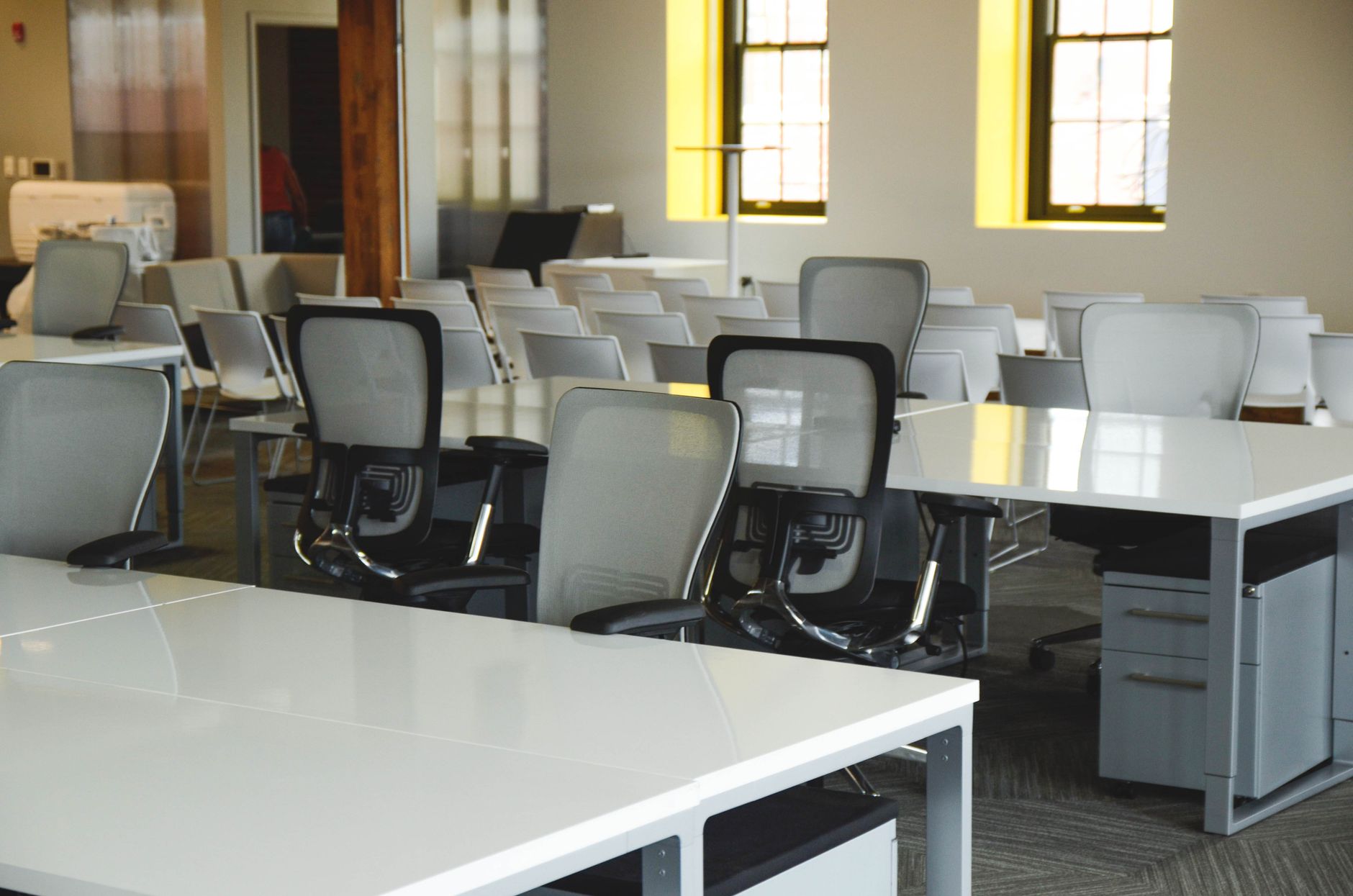 Spacious open office workspace with desks, chairs, and natur