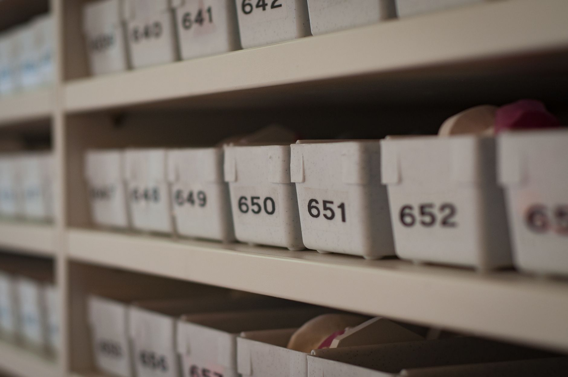 Close-up of numbered storage containers on shelves in an org