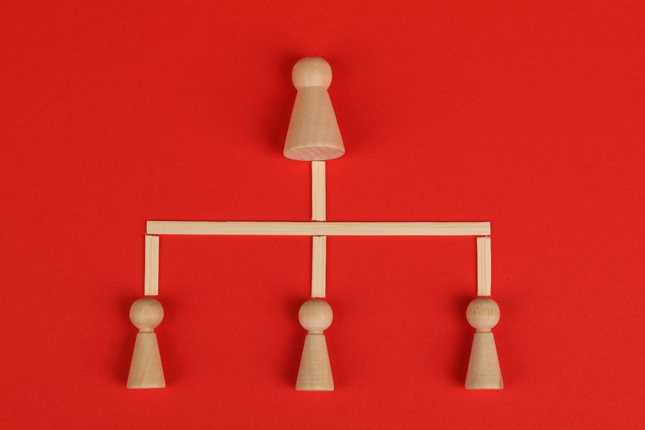 Conceptual depiction of hierarchy using wooden pieces on a v