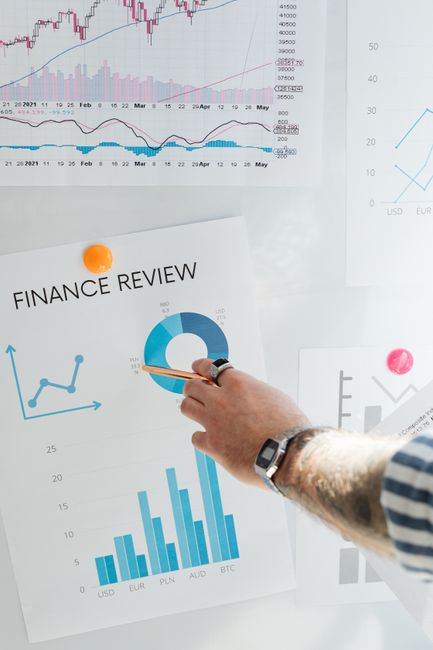 Hand pointing at a financial chart on a wall, illustrating d