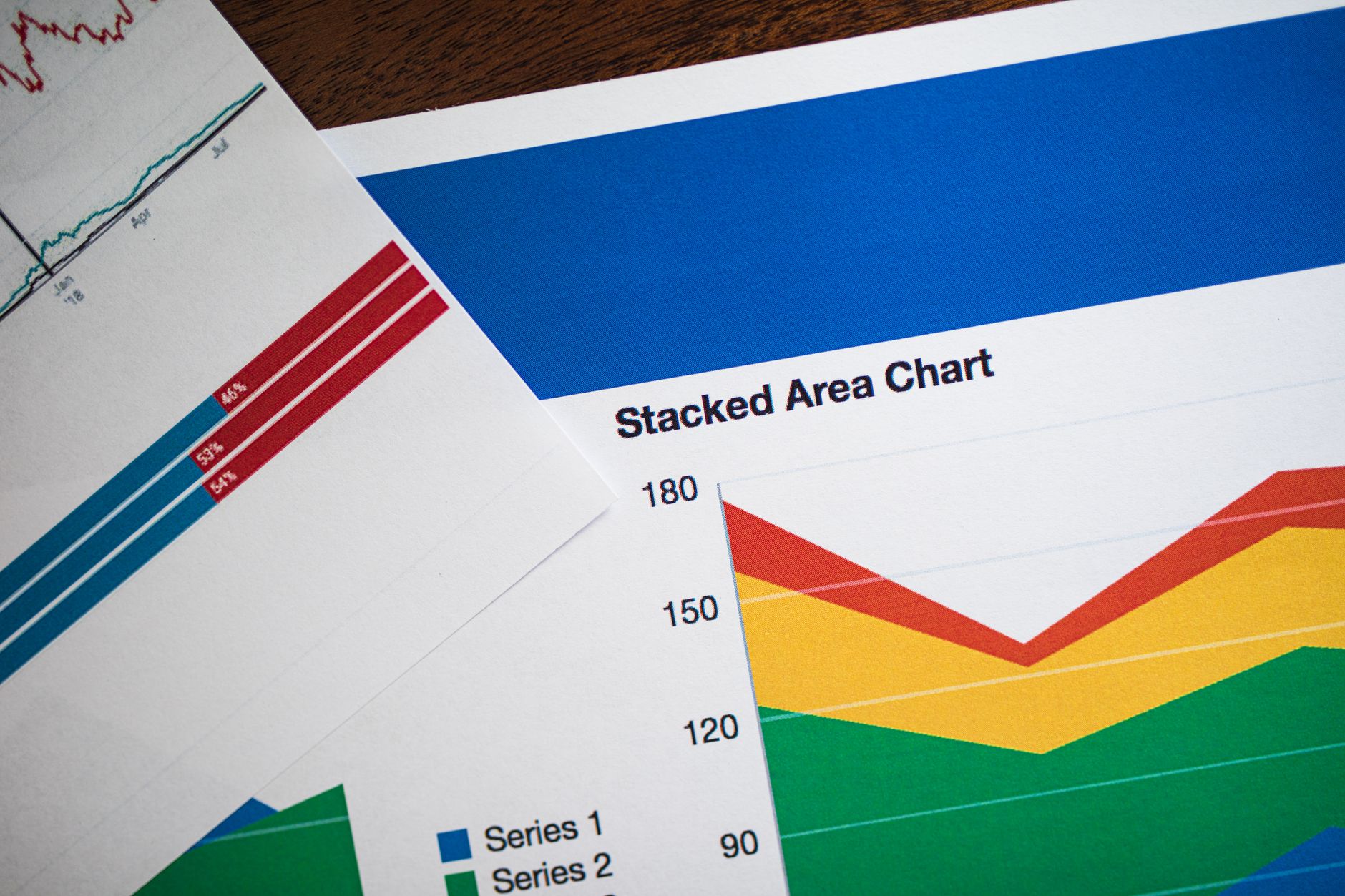Vivid stacked area chart and graphs on paper, showcasing dat