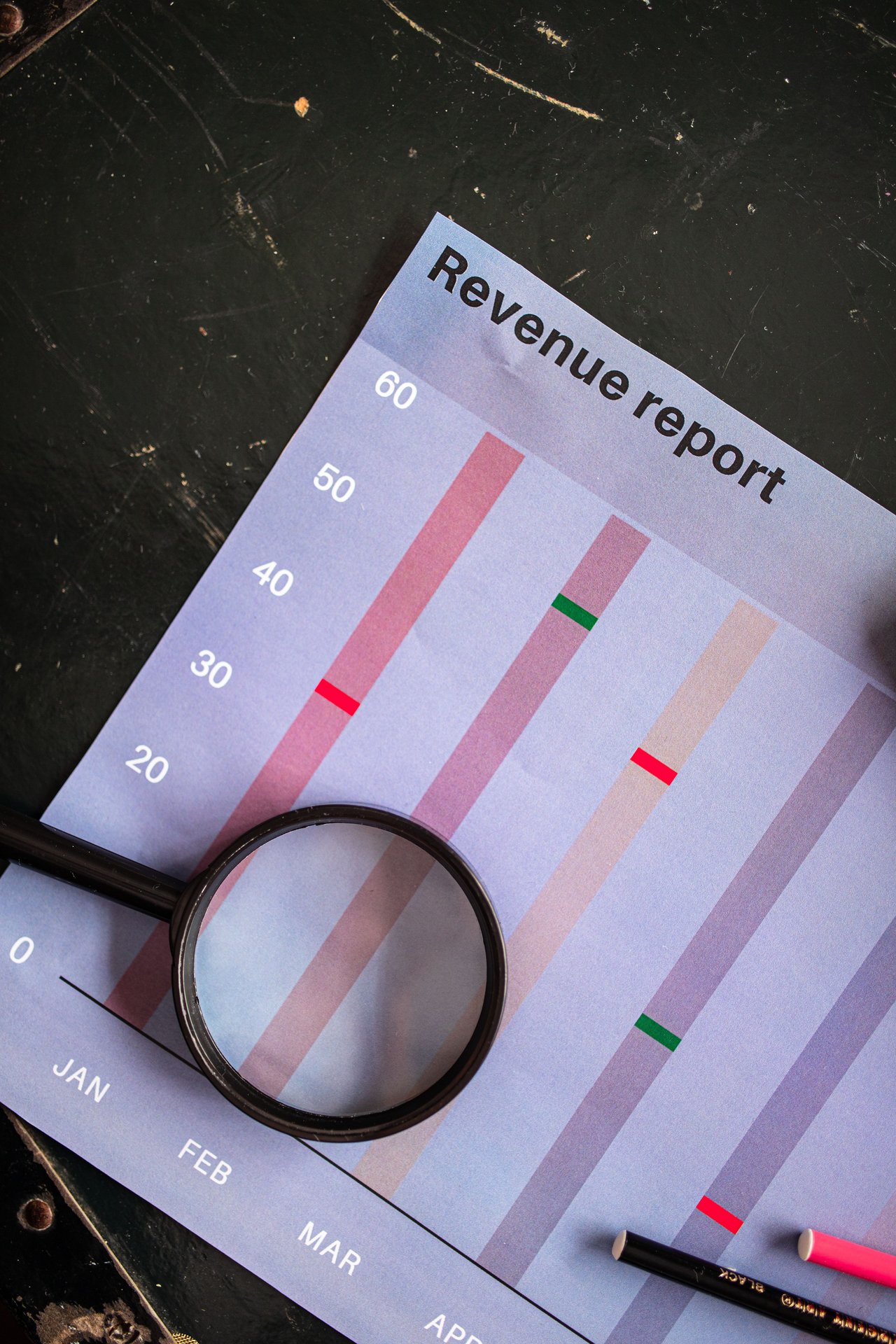 A magnifying glass on a vertical bar chart titled 'Revenue r