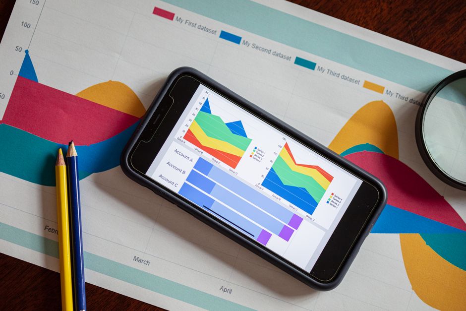 Overhead view of a smartphone displaying colorful charts on