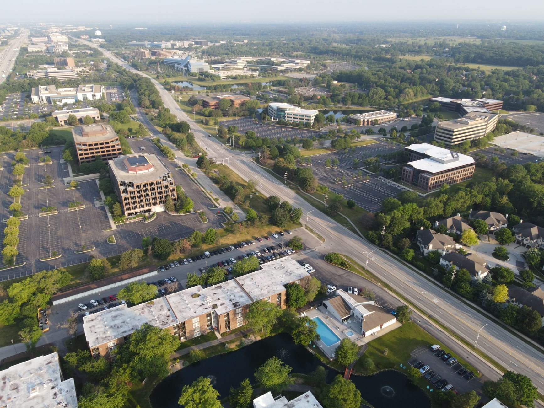 Aerial view showcasing the suburban business district in Lis