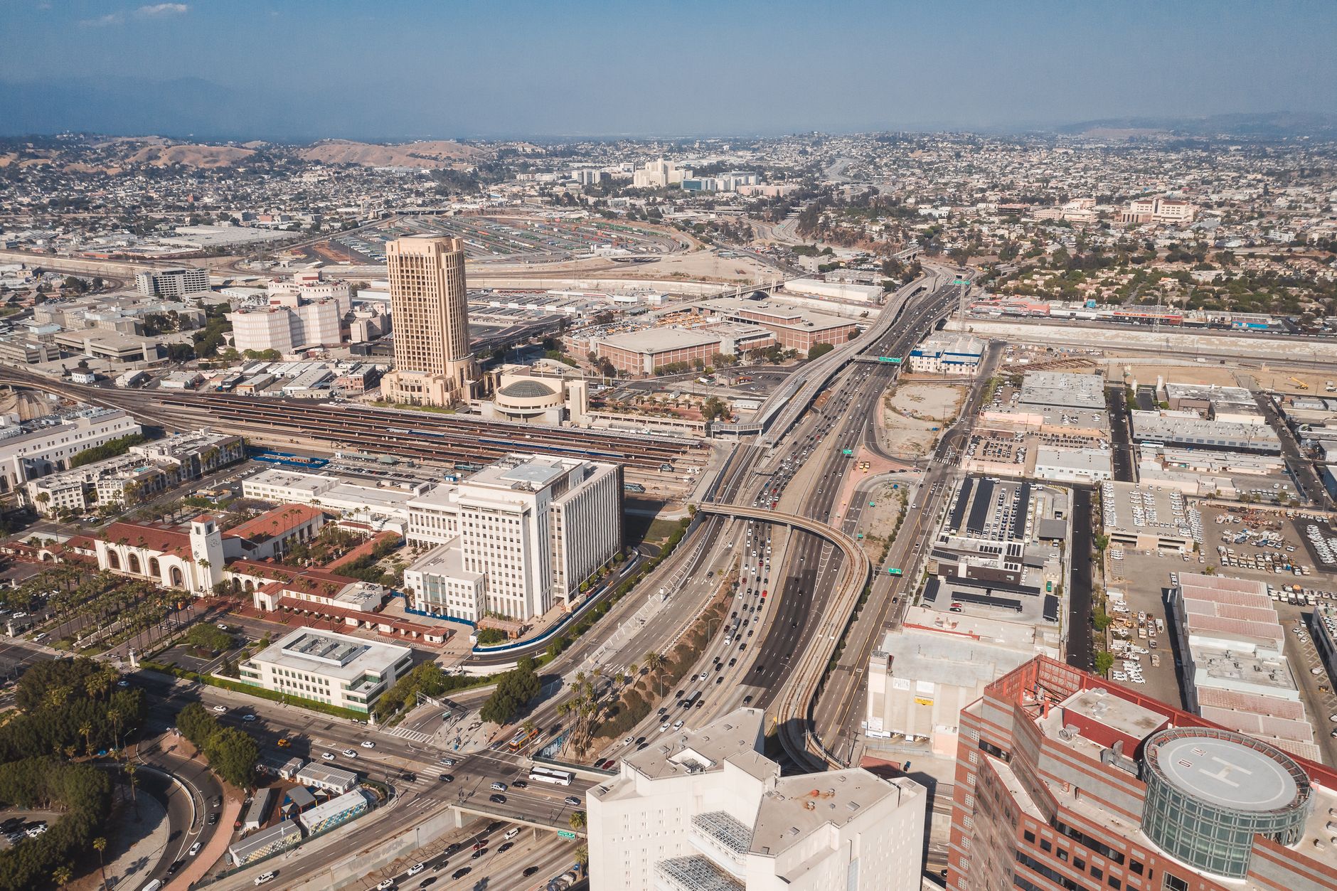 Aerial shot of Los Angeles cityscape with highways and urban
