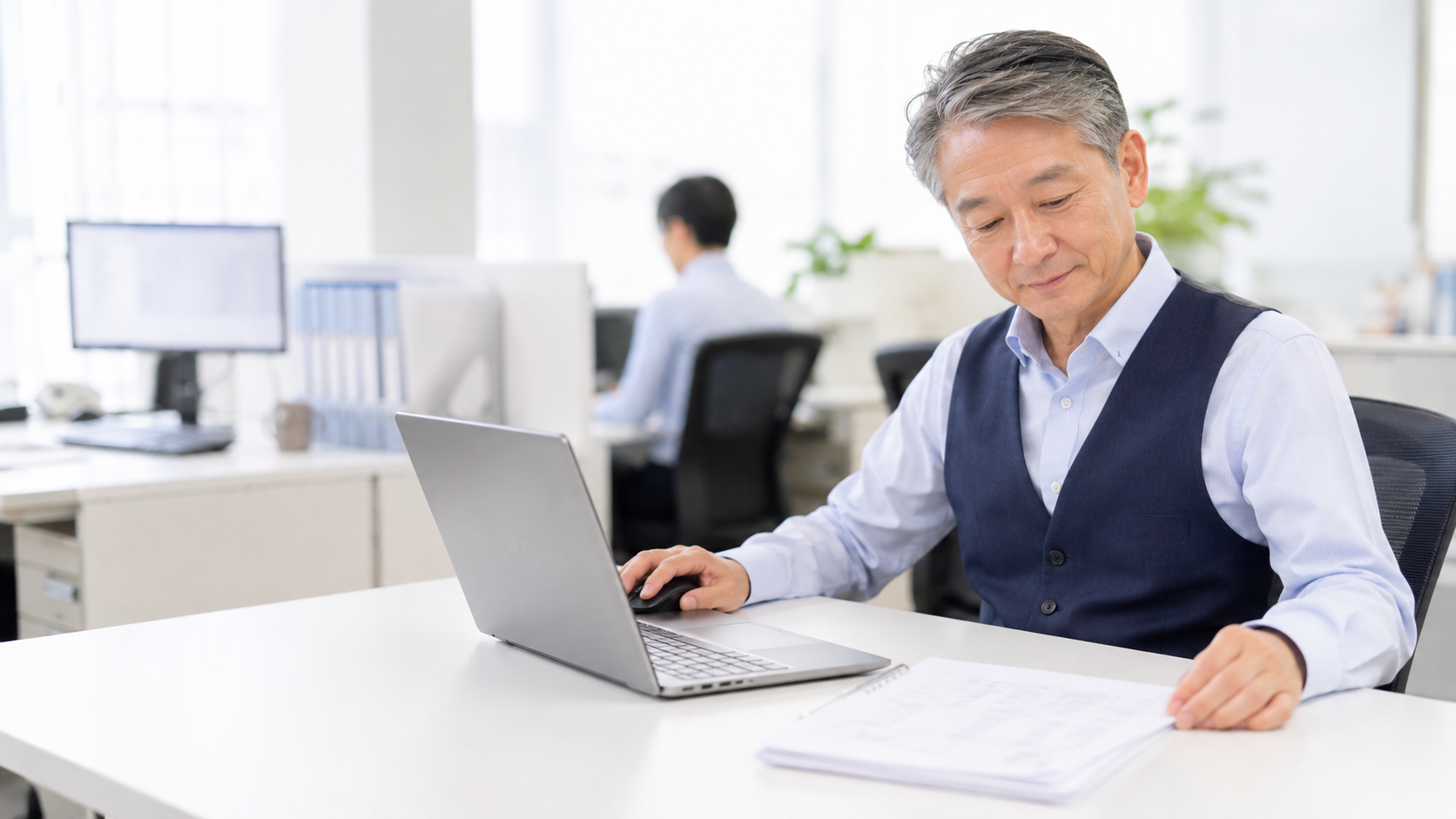 オフィスの自席で納品書とノートパソコンを見比べる日本人の会社員