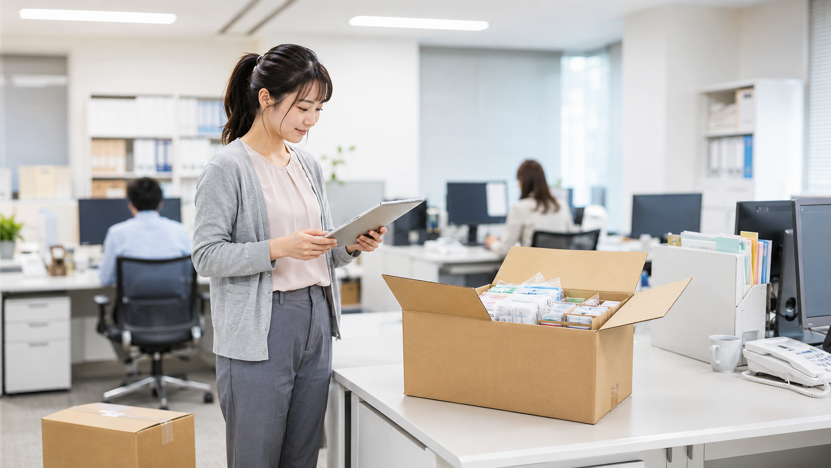オフィスで段ボール箱の中身とタブレットを見比べる日本人の会社員