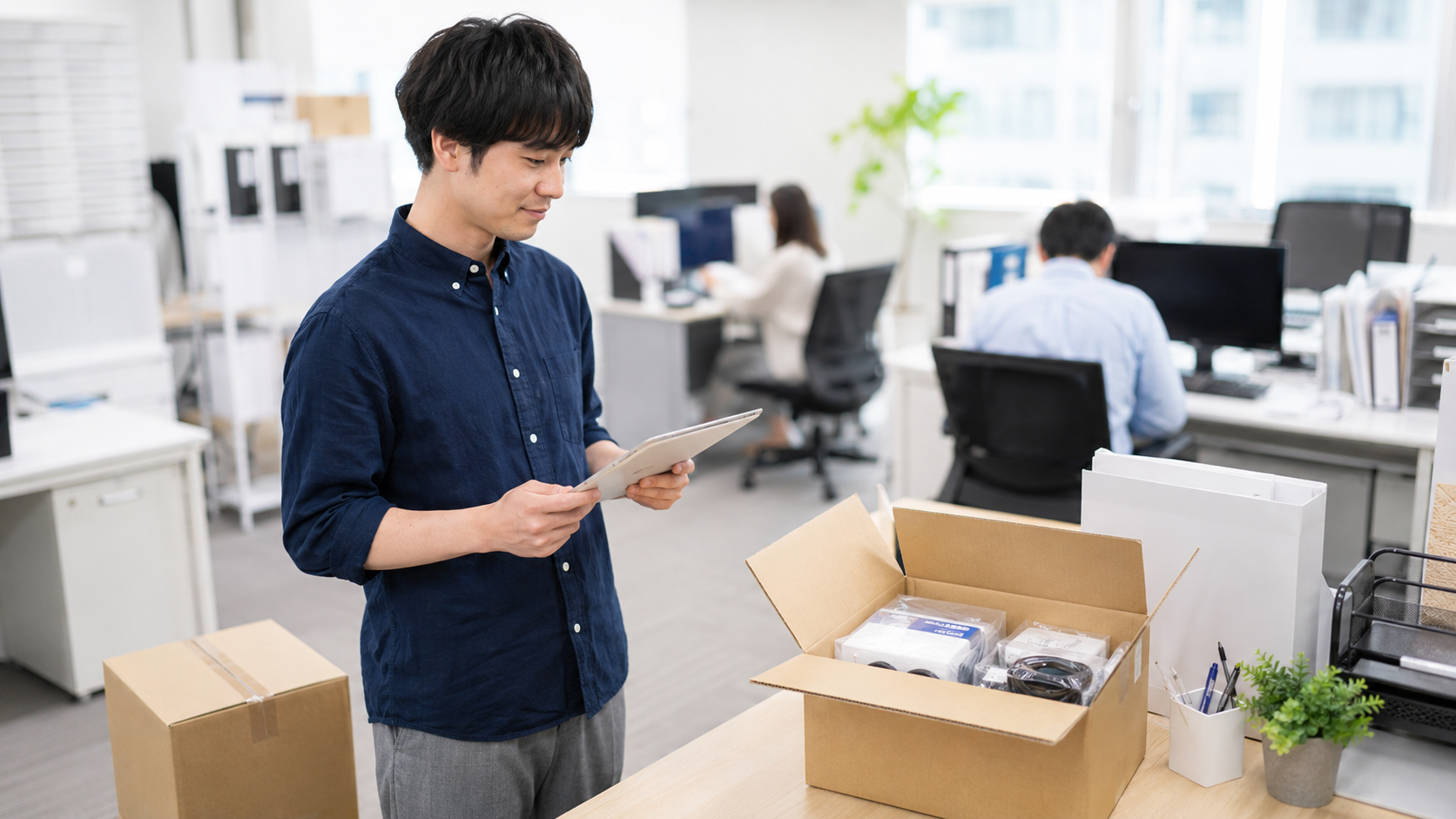 オフィスで段ボール箱の中身とタブレットを見比べる日本人の会社員