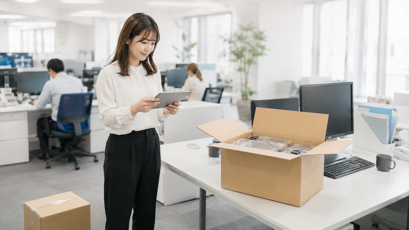 オフィスで段ボール箱の中身とタブレットを見比べる日本人の会社員