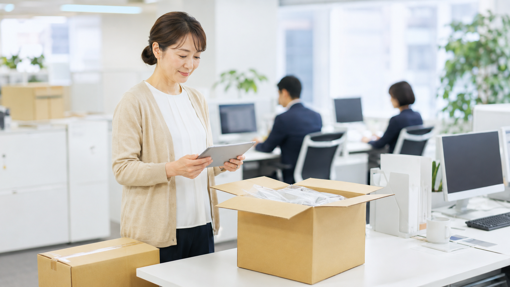 オフィスで段ボール箱の中身とタブレットを見比べる日本人の会社員
