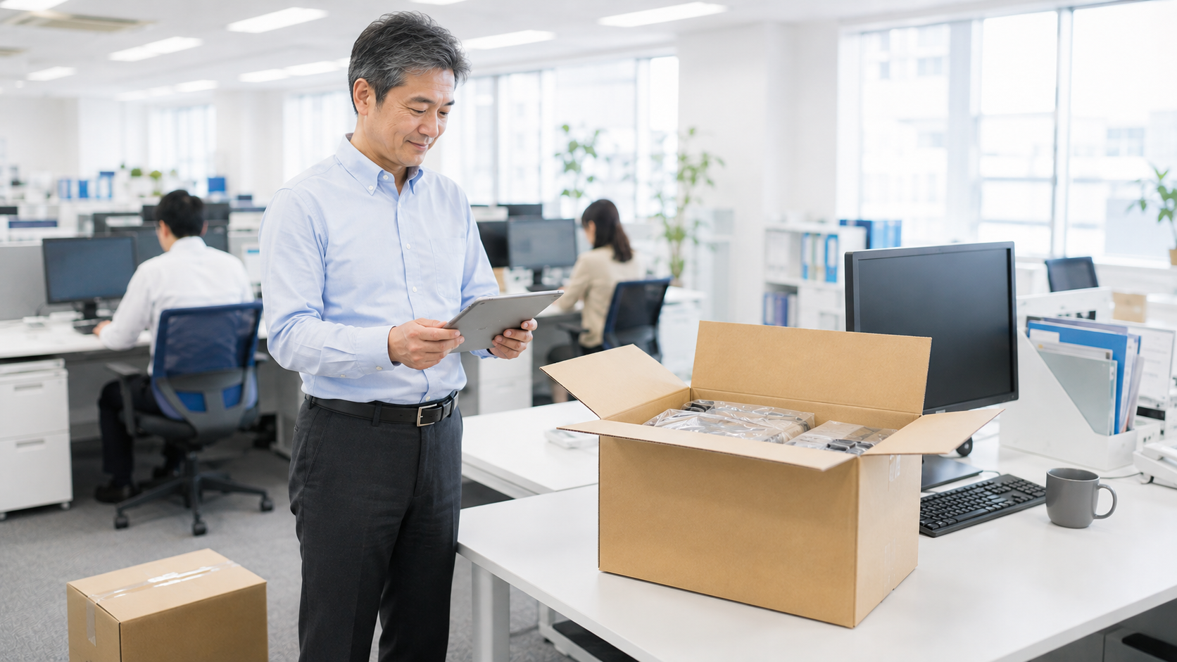 オフィスで段ボール箱の中身とタブレットを見比べる日本人の会社員