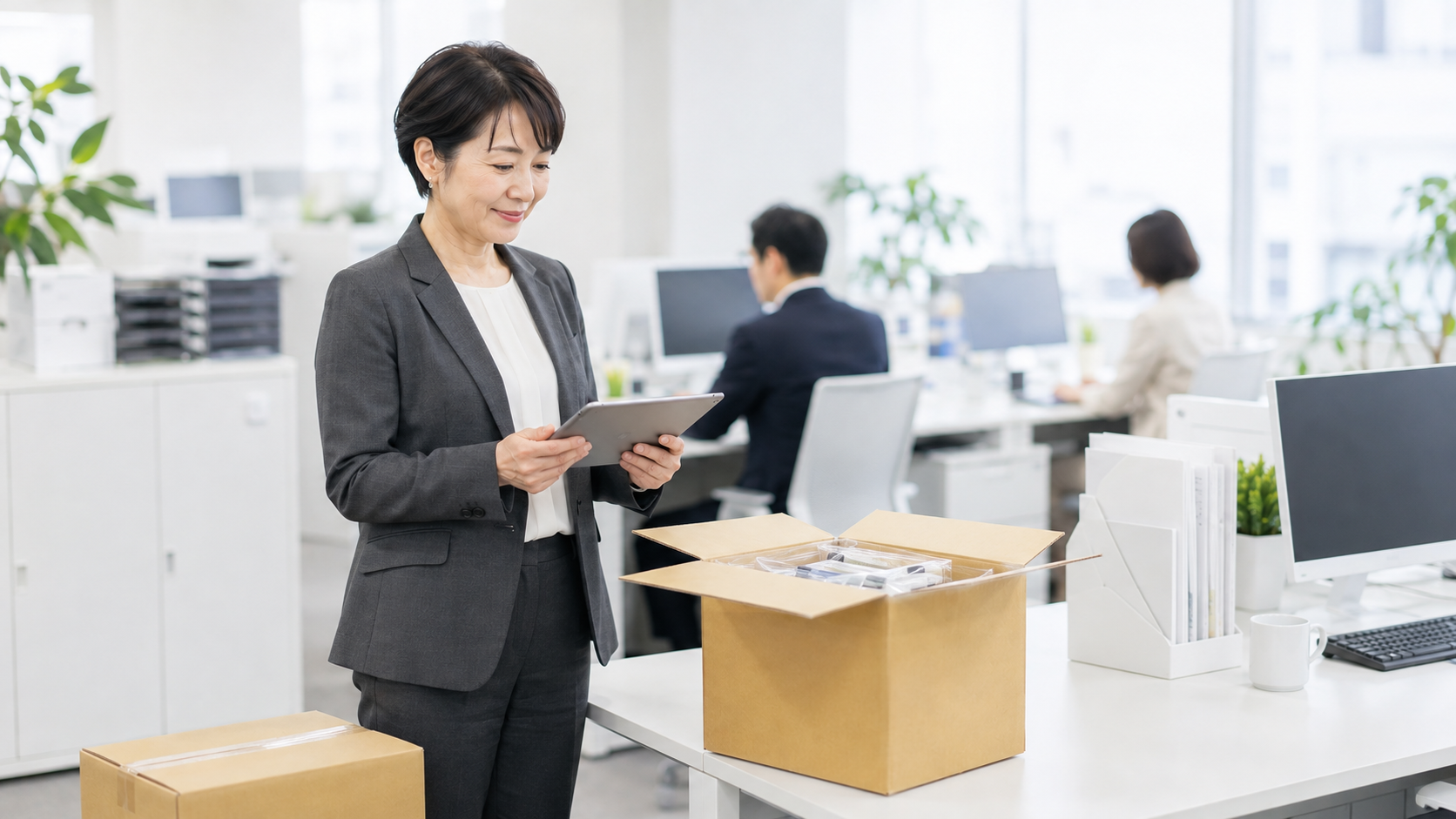 オフィスで段ボール箱の中身とタブレットを見比べる日本人の会社員