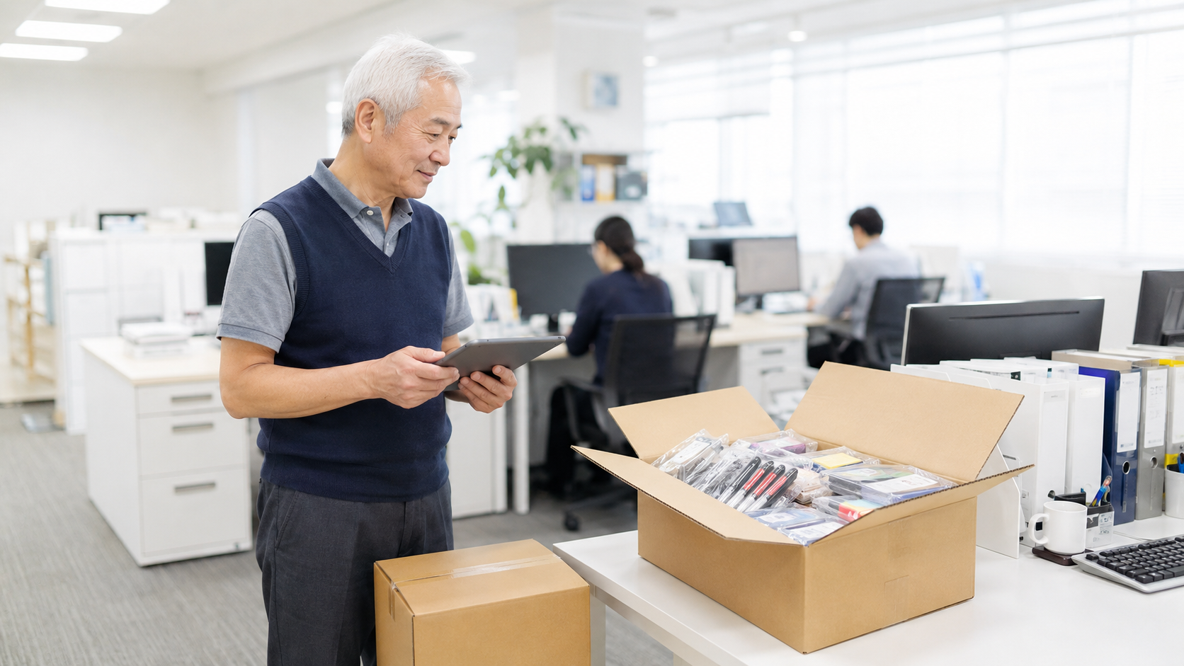 オフィスで段ボール箱の中身とタブレットを見比べる日本人の会社員