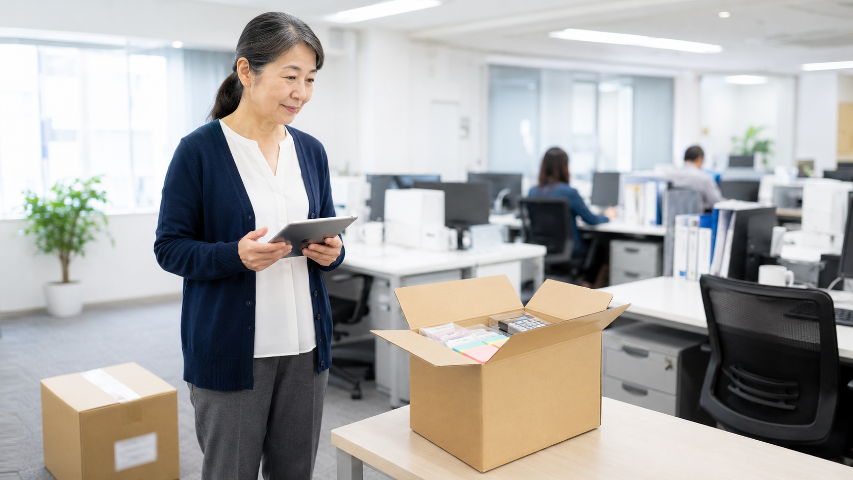 オフィスで段ボール箱の中身とタブレットを見比べる日本人の会社員