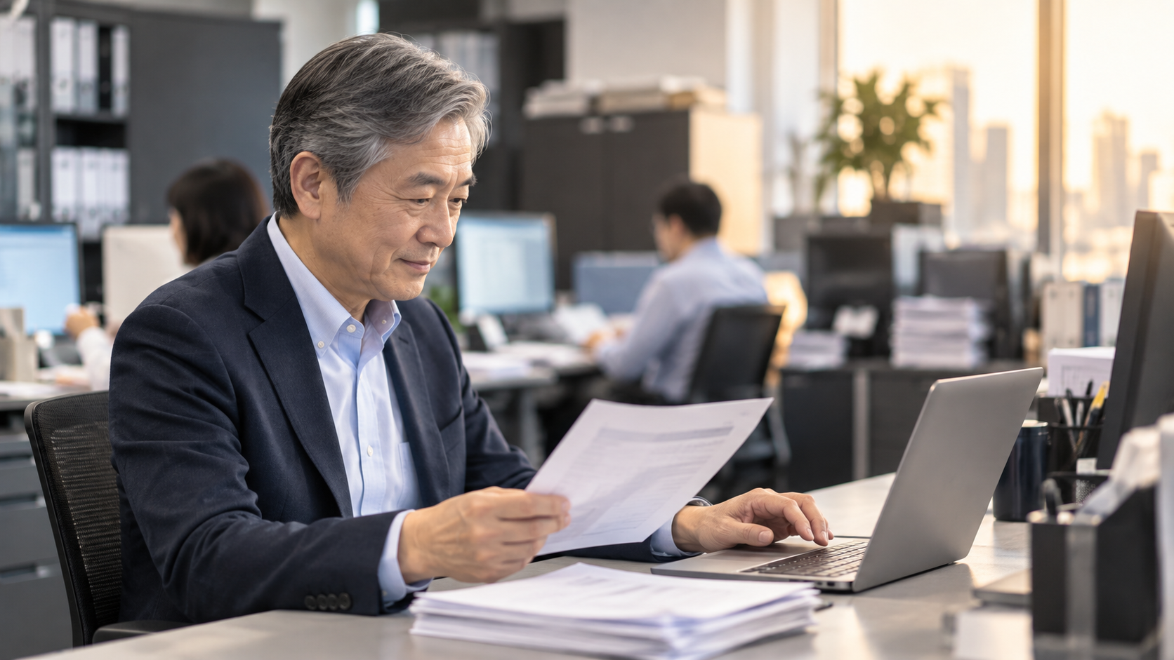 60代前半の日本人男性が自席での作業場面