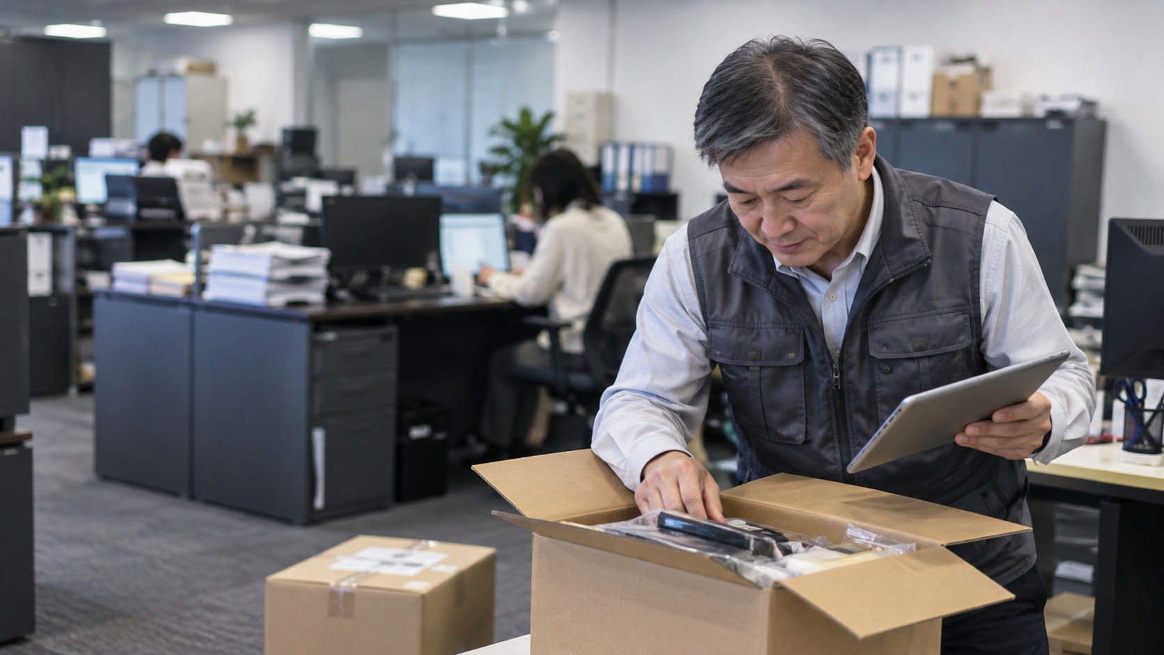 50代前半の日本人男性が荷受けと検品場面
