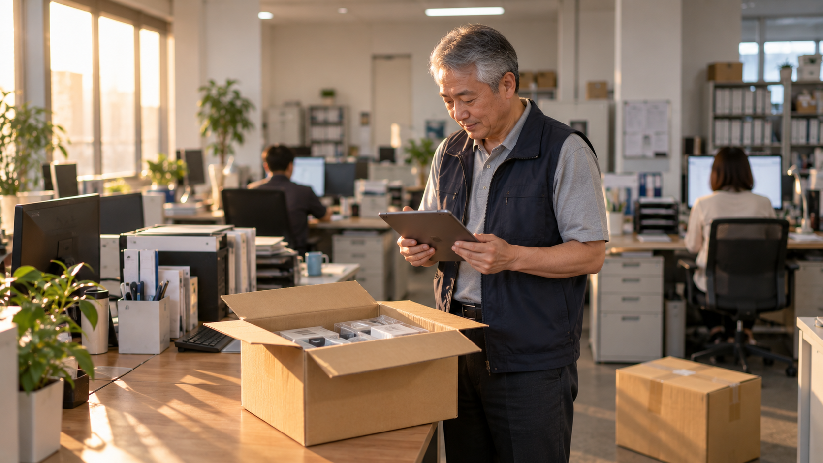 60代前半の日本人男性が荷受けと検品場面