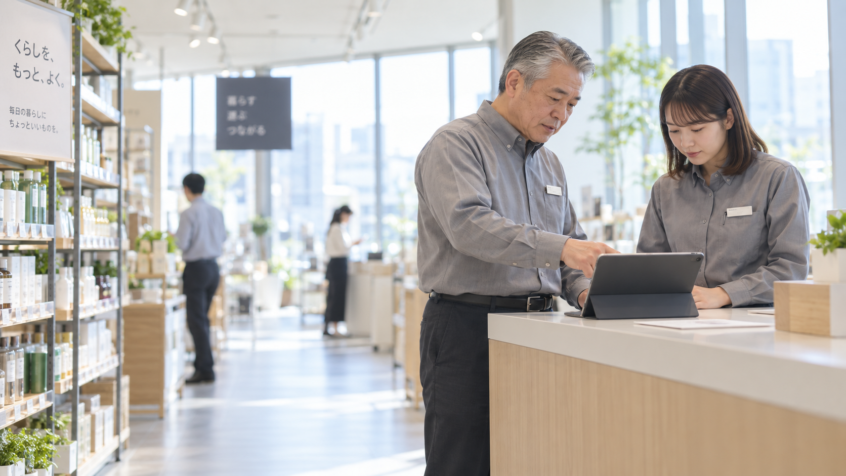 50代後半の日本人男性が店舗カウンターでの受注をしている場面