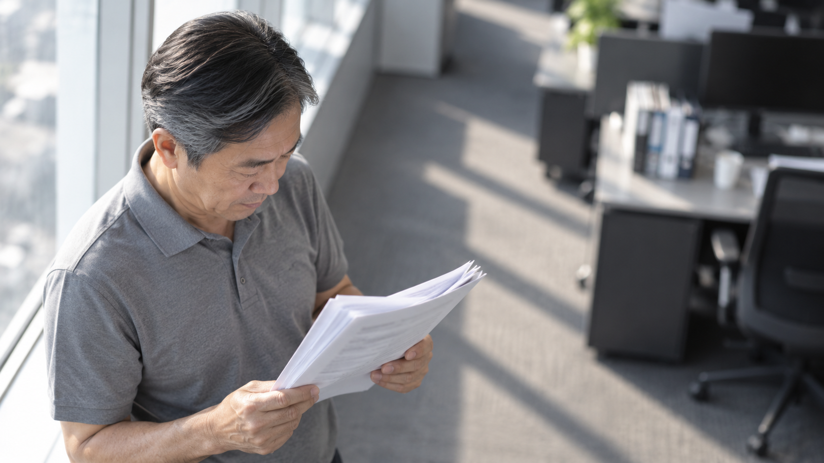 50代前半の日本人男性が窓際での書類確認をしている場面