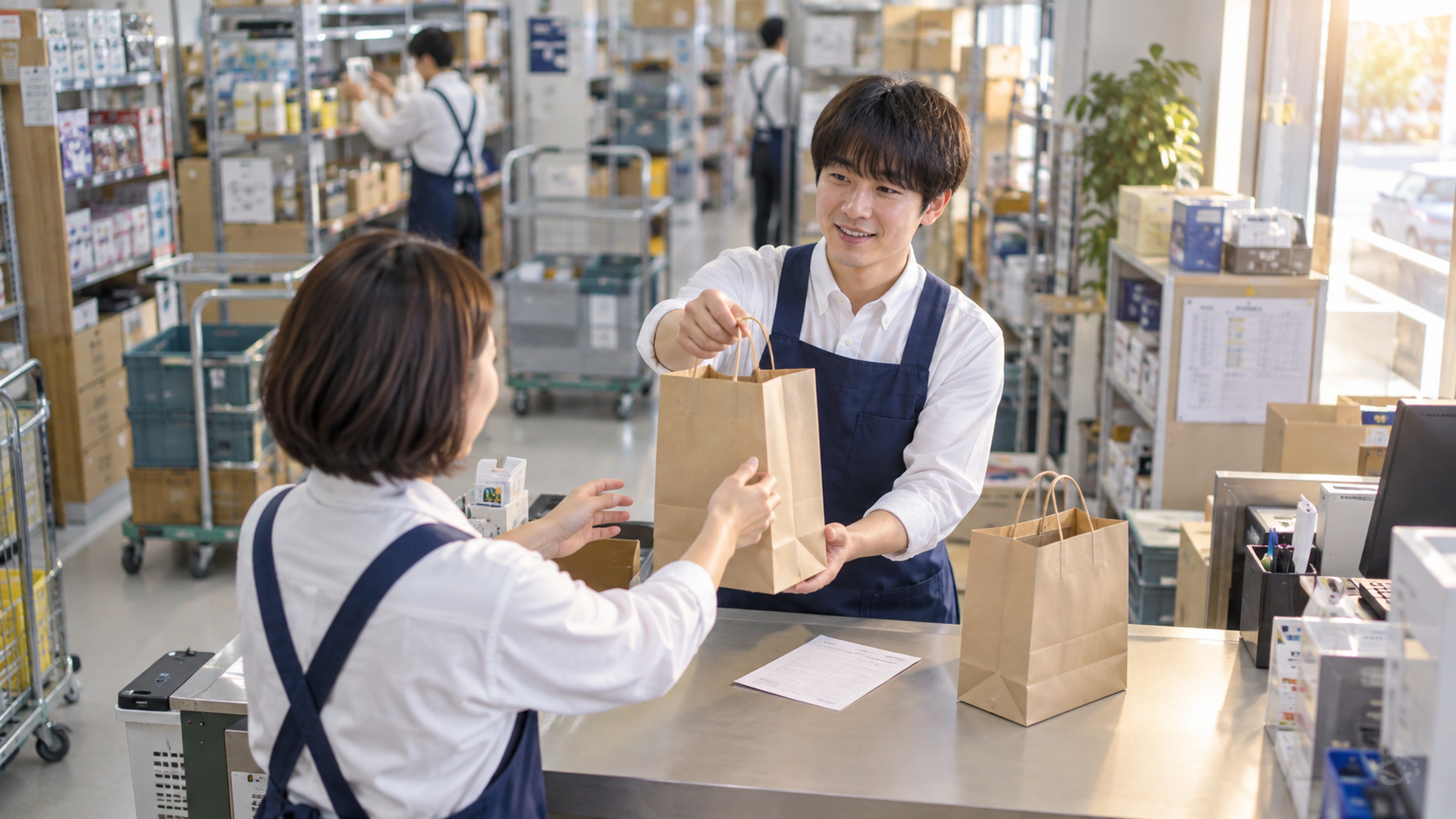 20代後半の日本人男性が店頭での商品の引き渡しをしている場面