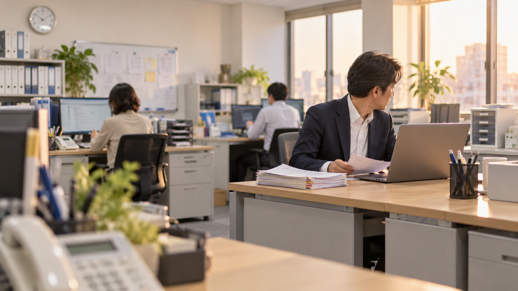 40代前半の日本人男性が自席での書類確認をしている場面