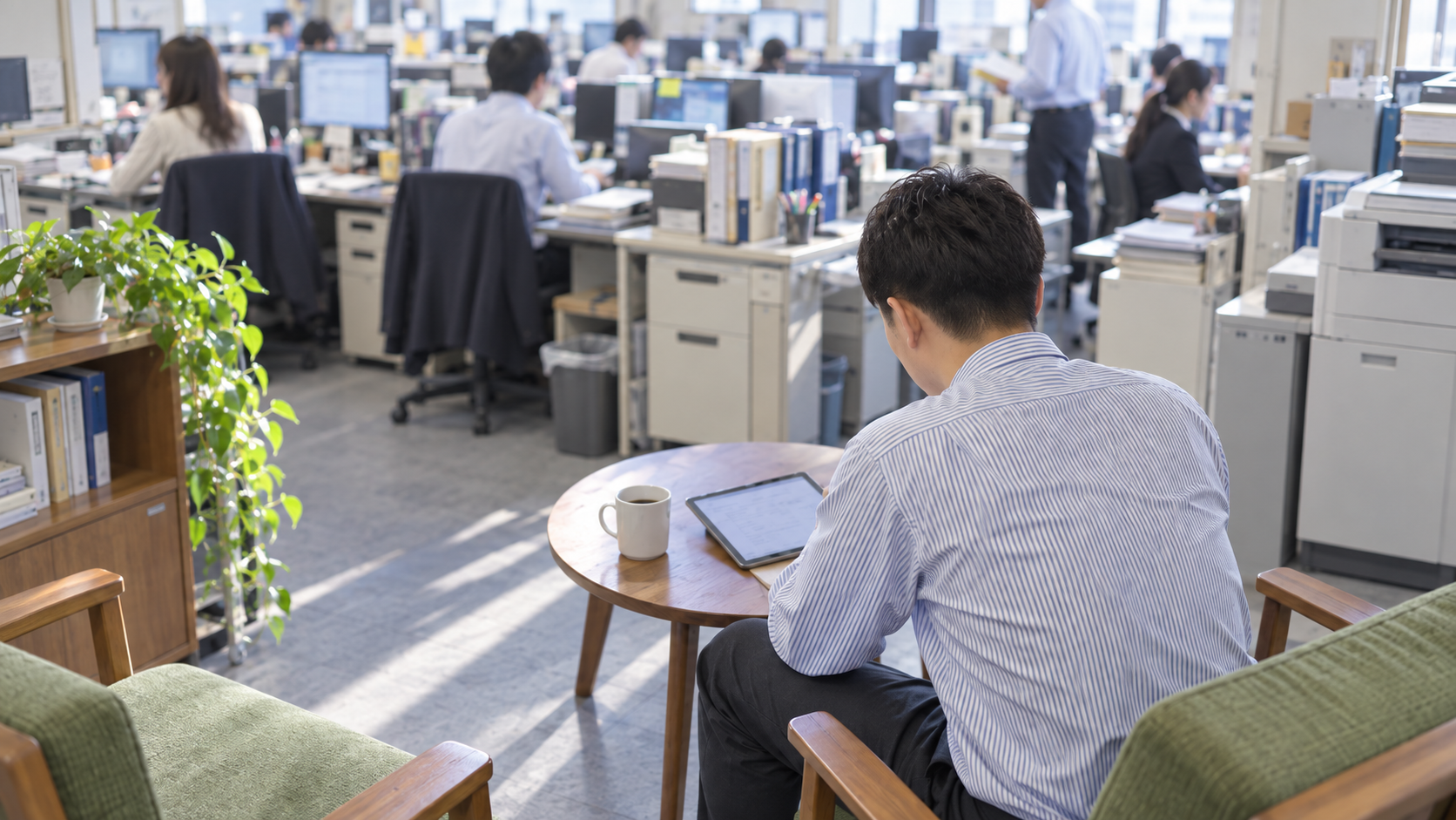 30代前半の日本人男性が休憩スペースでの確認をしている場面