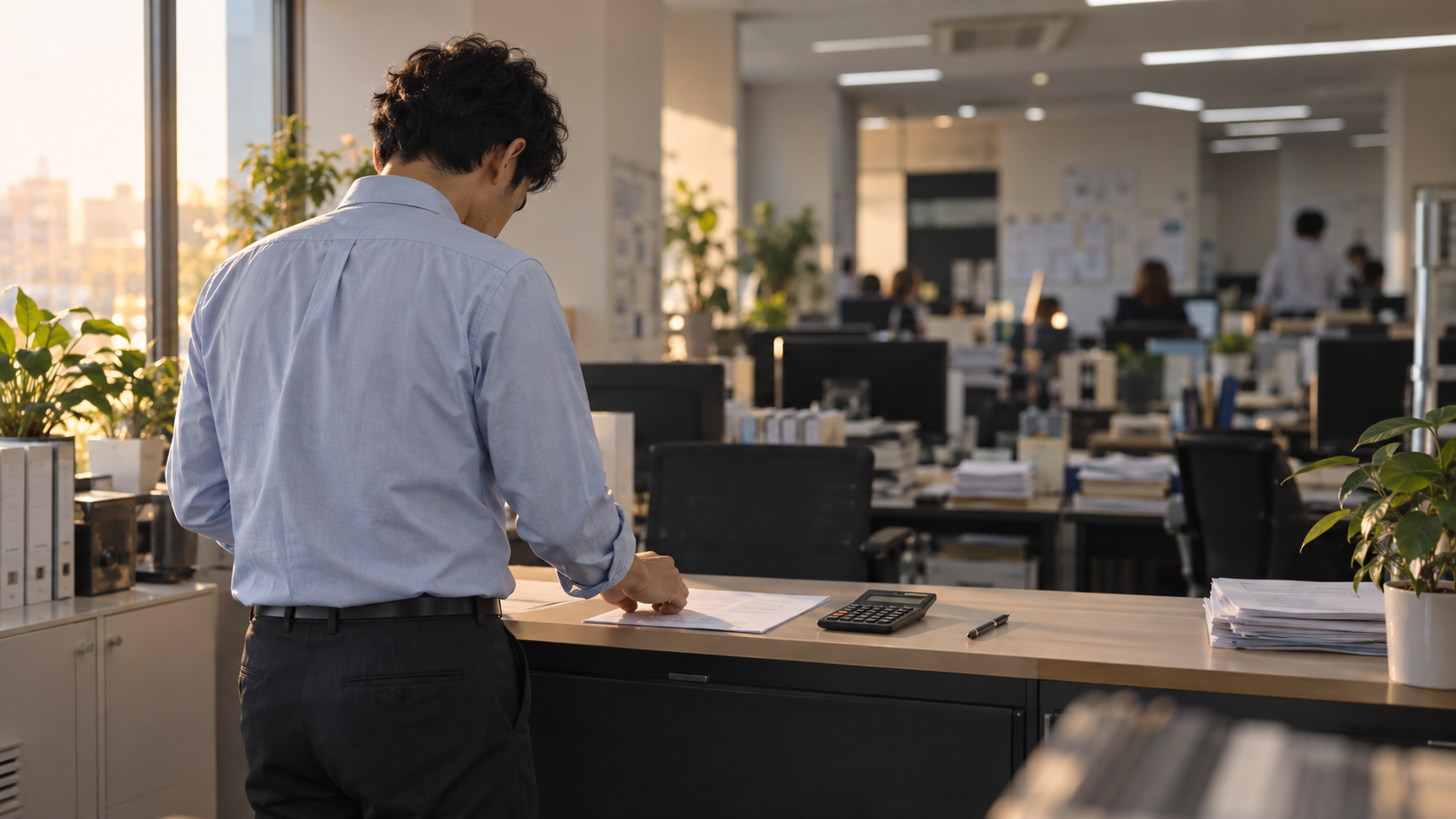 40代前半の日本人男性が見積書の照合をしている場面