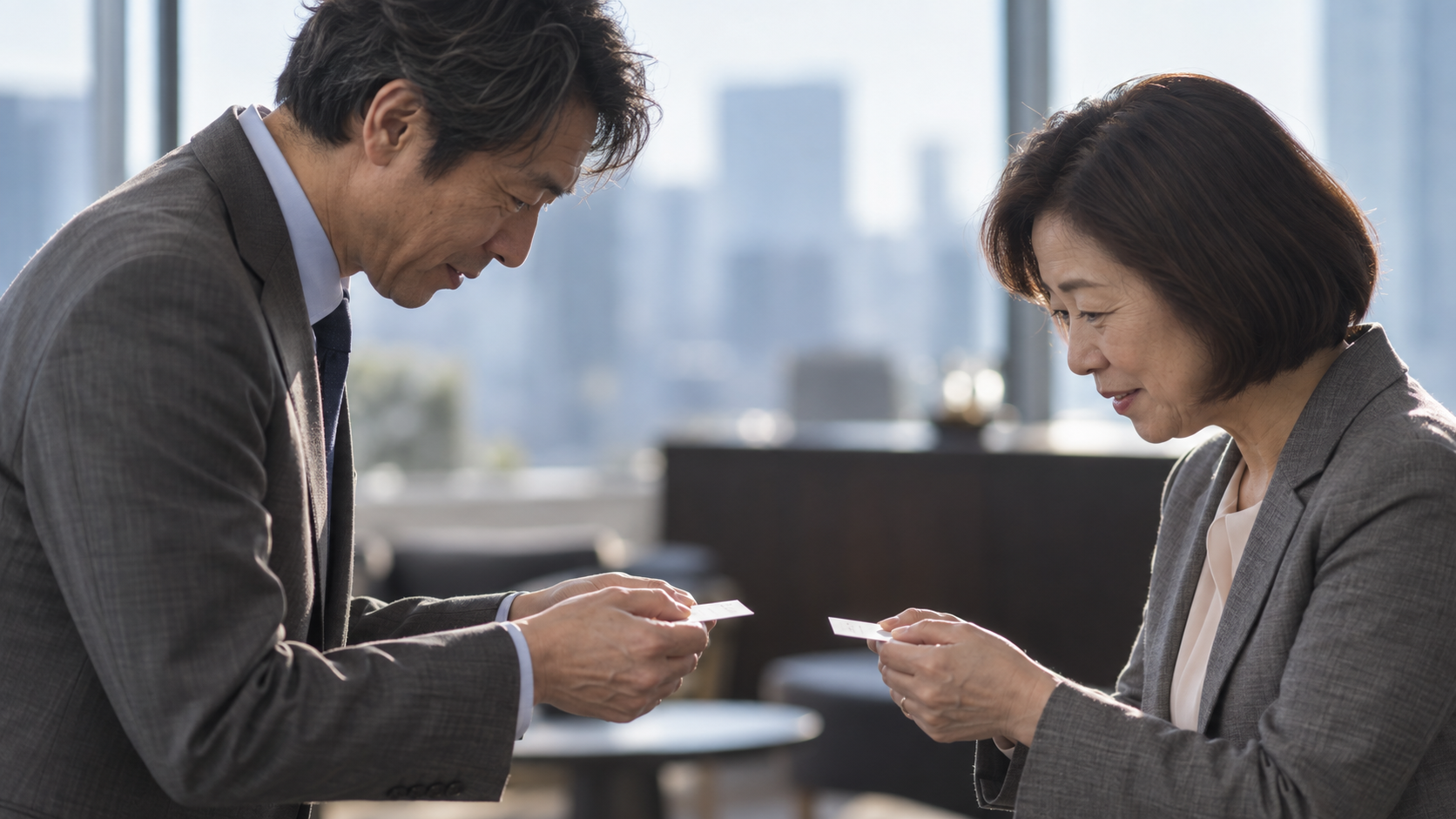 40代後半の日本人男性が名刺交換をしている場面