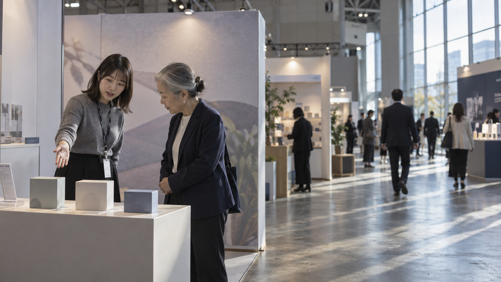 20代後半の日本人女性が展示会のブースでの説明をしている場面