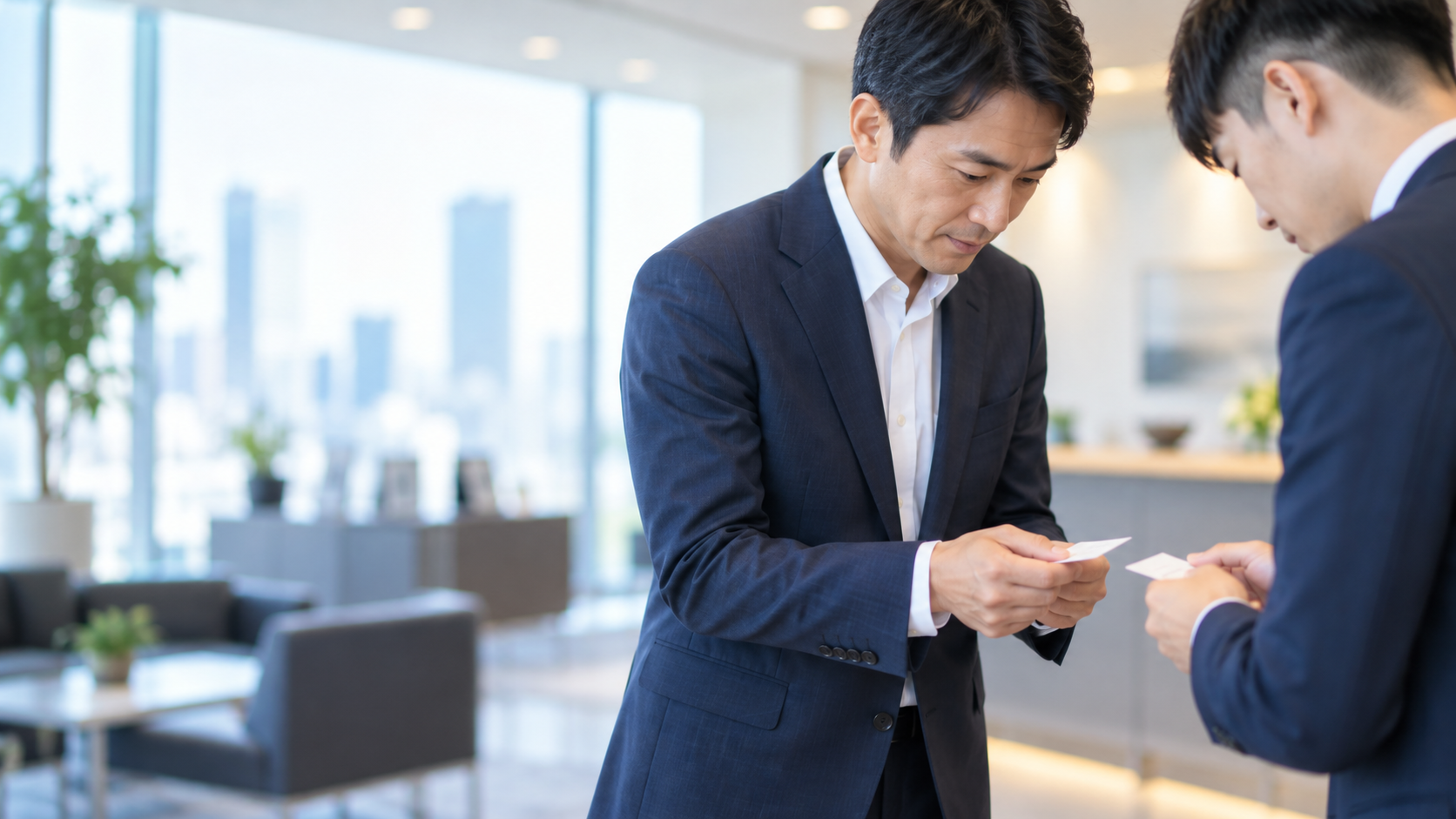 30代後半の日本人男性が名刺交換をしている場面