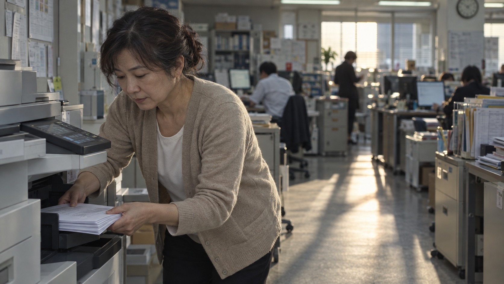 50代前半の日本人女性が複合機での出力をしている場面