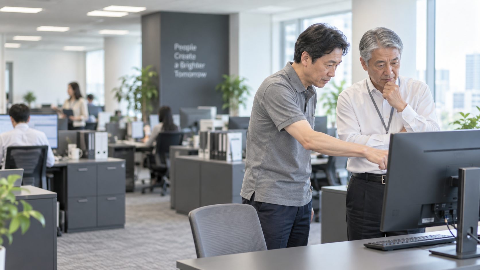 40代後半の日本人男性が二人で画面を覗くをしている場面