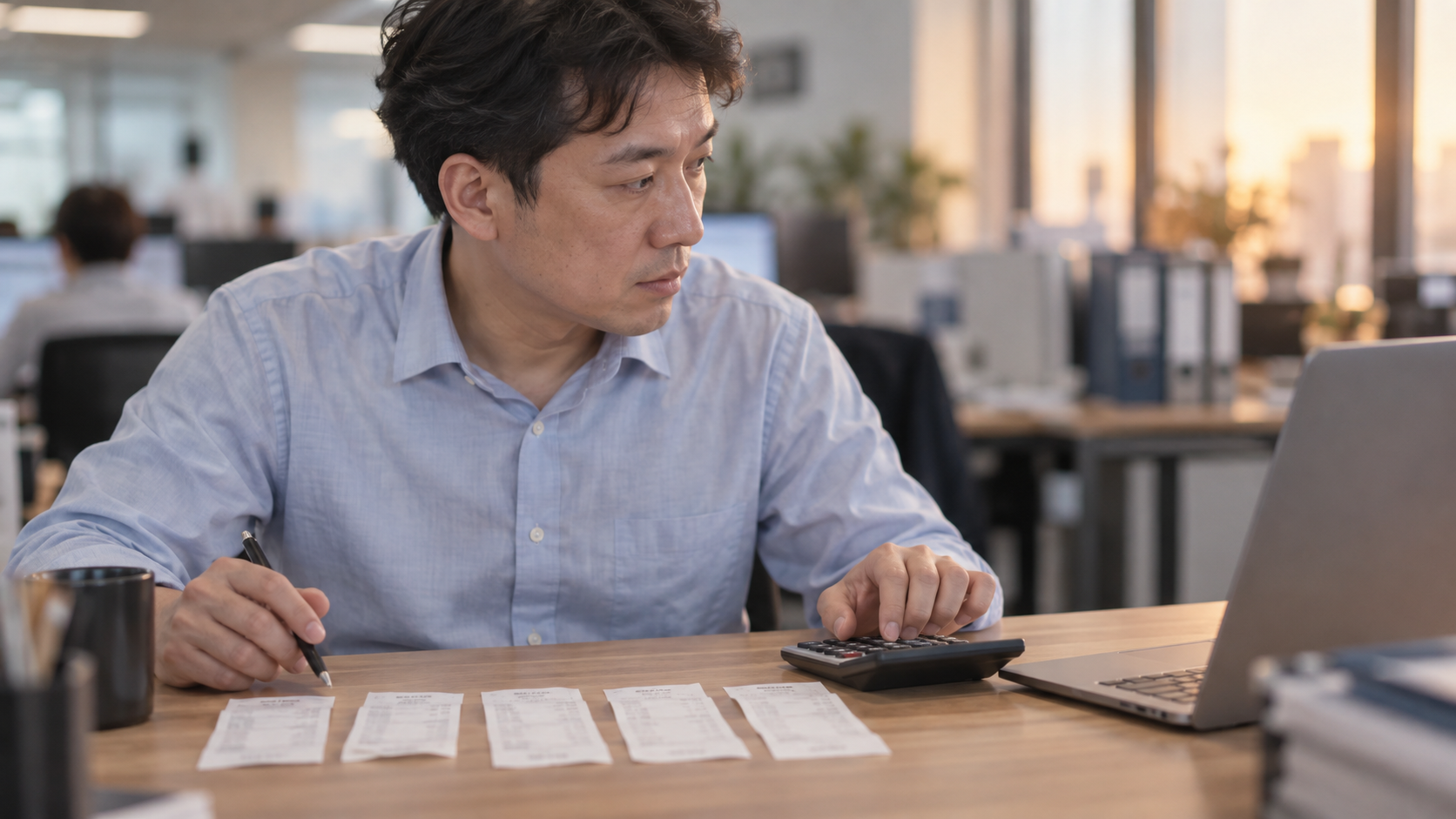 40代前半の日本人男性が経費精算の確認をしている場面