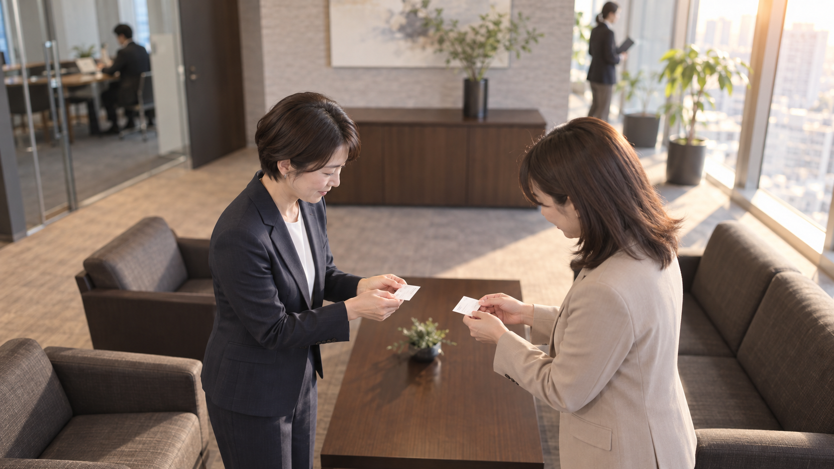 30代後半の日本人女性が名刺交換をしている場面