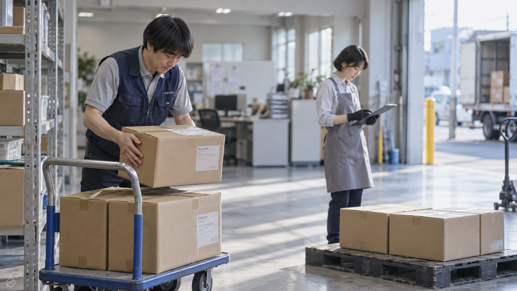 40代前半の日本人男性が倉庫への納入をしている場面