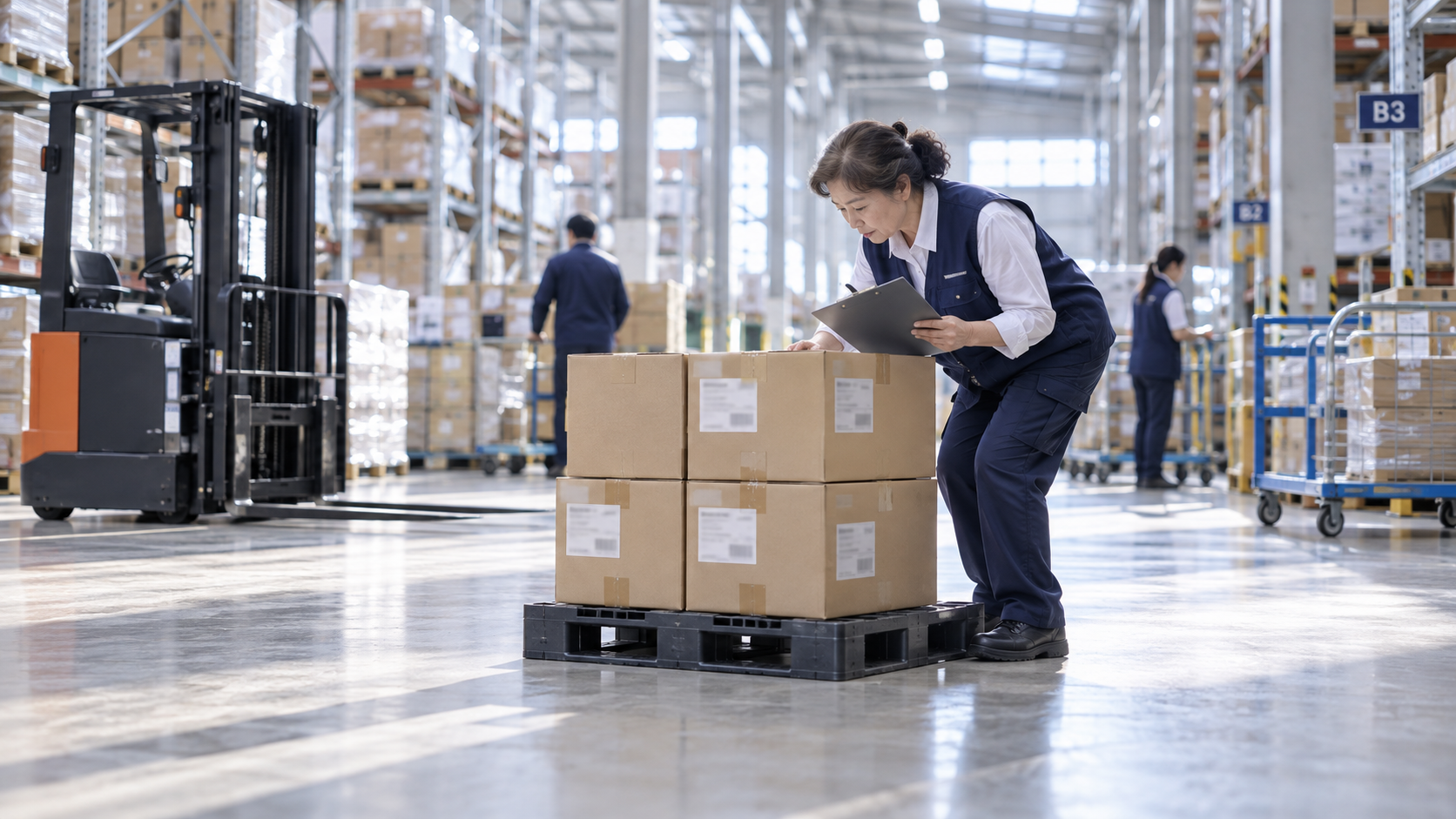 50代後半の日本人女性がパレットの積み荷確認をしている場面
