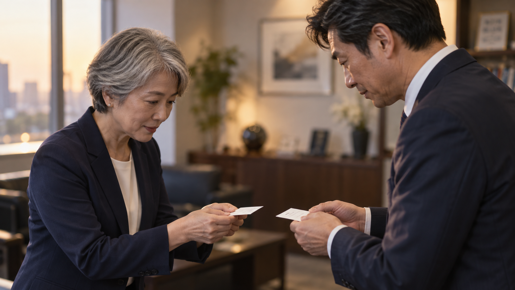 50代前半の日本人女性が名刺交換をしている場面