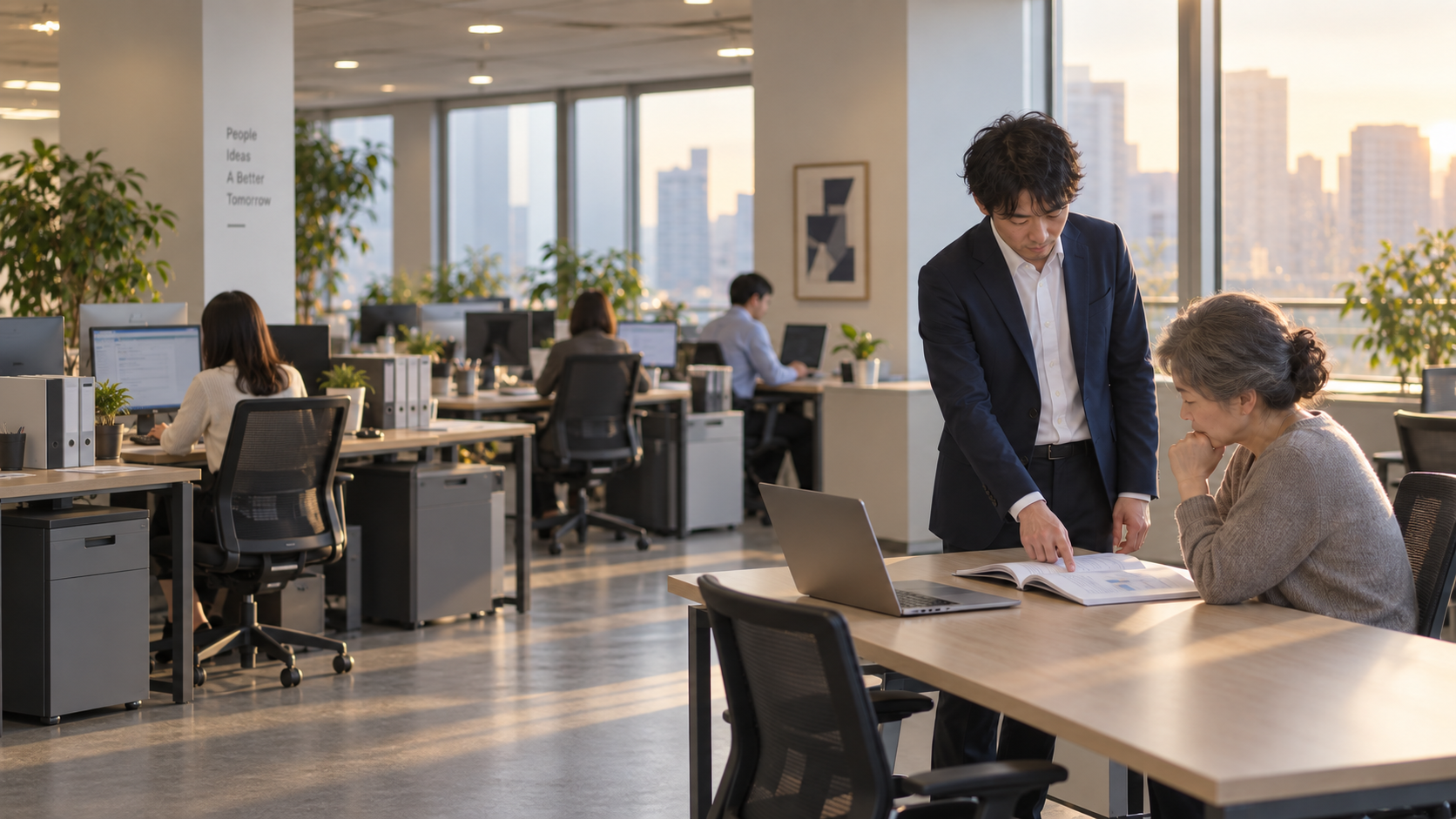 30代前半の日本人男性が新人の受け入れをしている場面