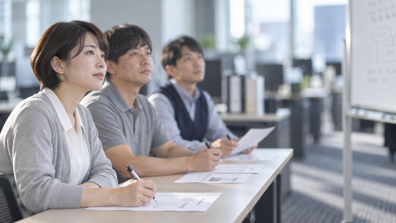 20代後半の日本人女性が研修室での座学をしている場面