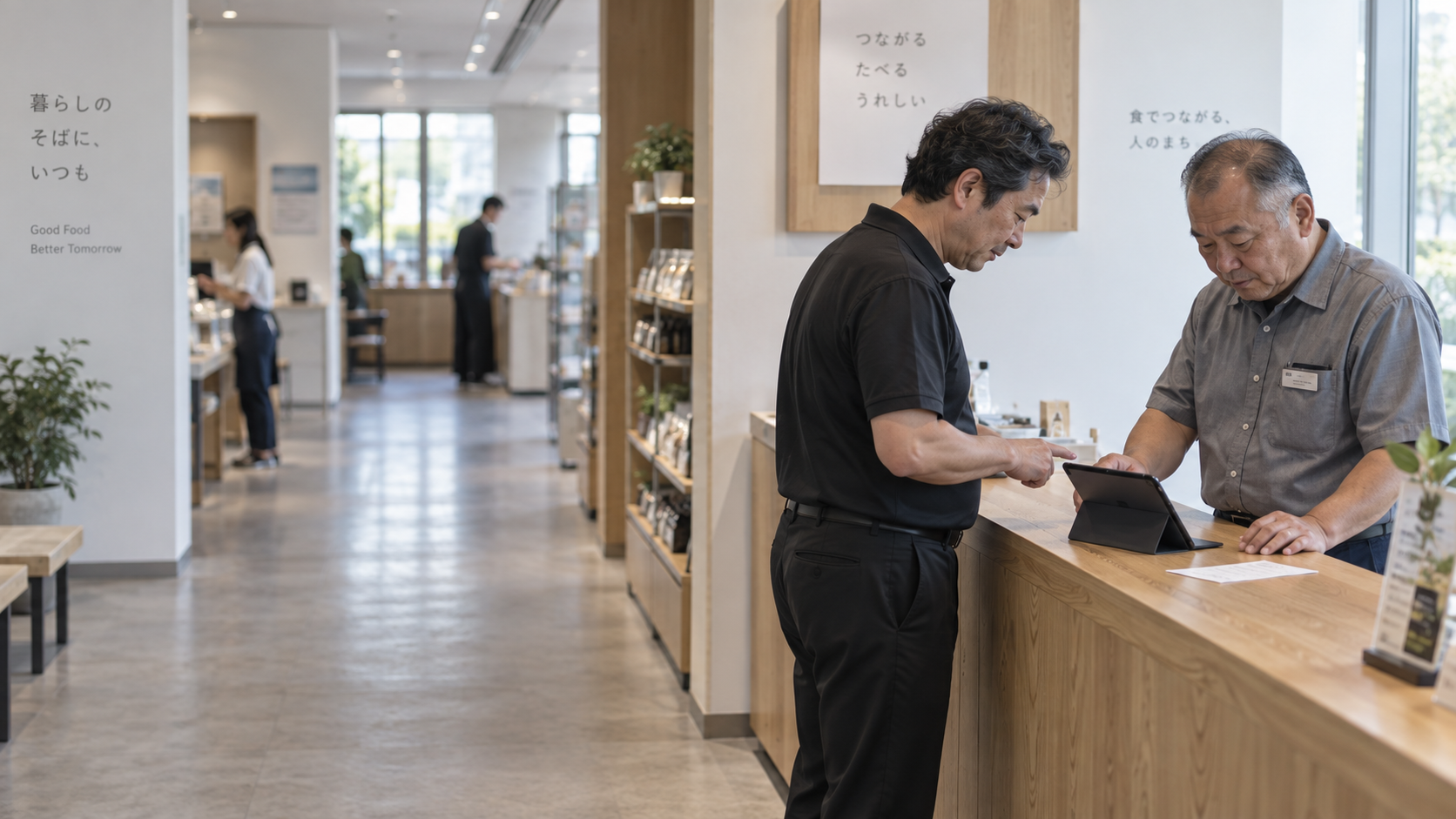 60代前半の日本人男性が店舗カウンターでの受注をしている場面