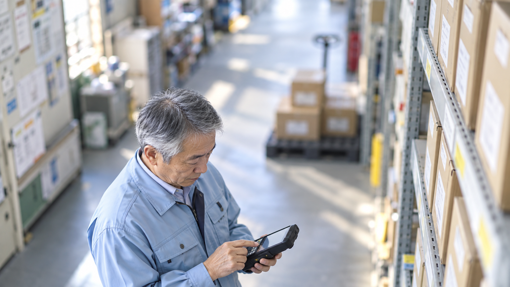 60代前半の日本人男性が工場の通路での資材確認をしている場面