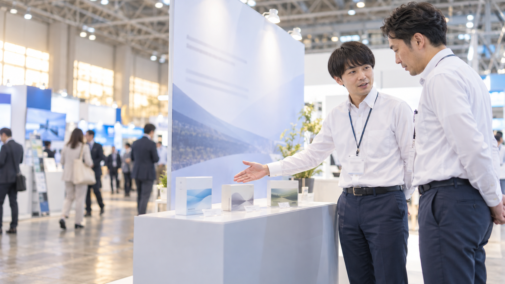 30代前半の日本人男性が展示会のブースでの説明をしている場面
